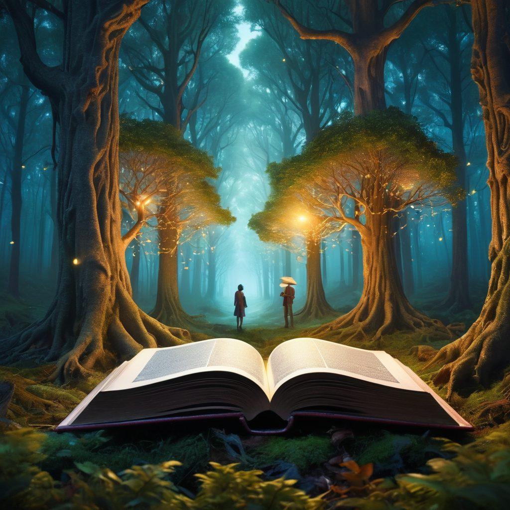 A surreal landscape merging a mystical forest with an intricate storytelling book hovering in the air, glowing illustrations of characters and plot twists emerging from the pages. Ethereal lights weave through the trees, symbolizing the connection between storyteller and audience. A gentle mist lingers, enhancing the enigmatic atmosphere. super-realistic. vibrant colors. mystical theme.