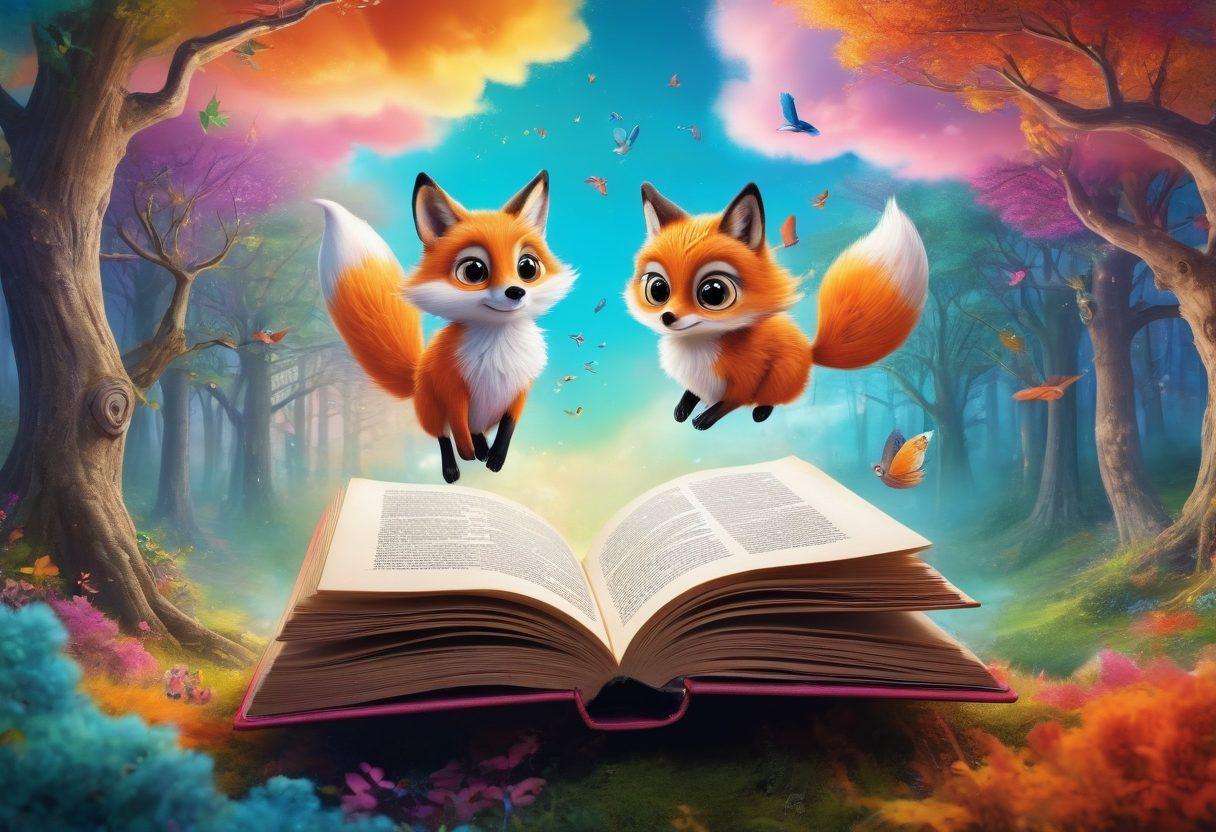 A whimsical illustration of an enchanted storybook floating in mid-air, with vivid plot twists depicted as colorful spirals and arrows emerging from the pages. Curious characters peeking out from behind the book, such as a fox and a wise owl, symbolizing engagement and discovery. The background features a magical forest with vibrant colors and playful clouds. surreal. bright colors. soft focus.