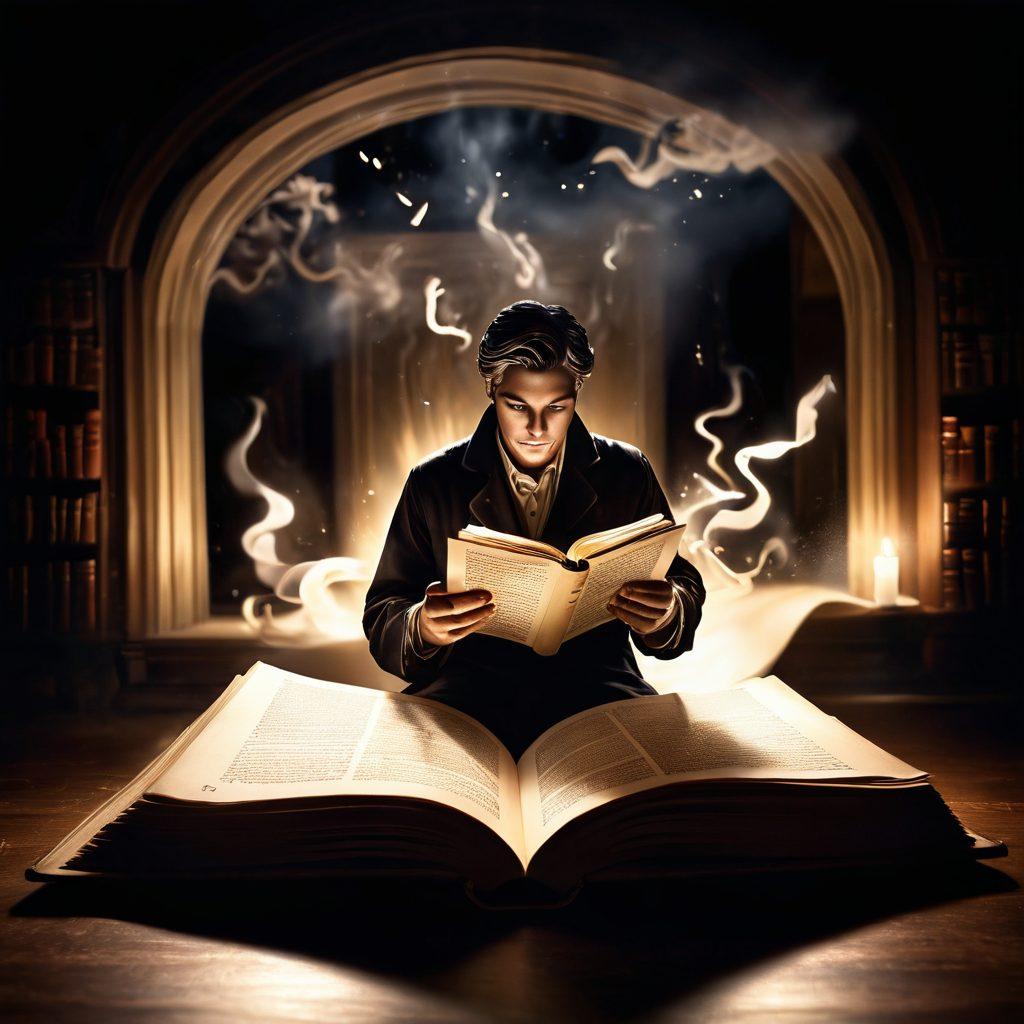 A captivating scene depicting a mysterious storyteller surrounded by swirling pages of an open book, with shadowy figures and plot twists emerging from the pages. Eerie lighting casts dramatic shadows, enhancing the suspenseful atmosphere. Elements of surprise such as sudden flashes of light and unexpected twists in the background. super-realistic. dark tones with vibrant highlights. whimsical atmosphere.